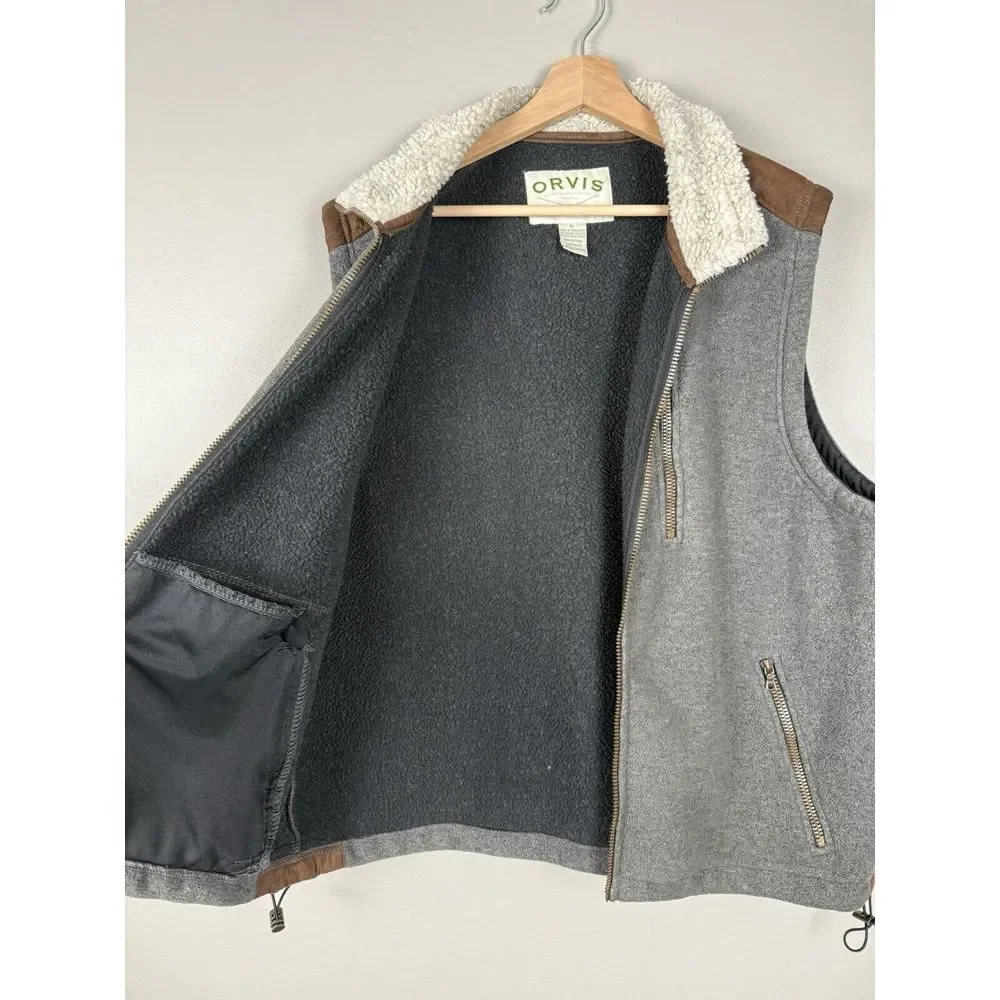 Orvis Men's Fleece Vest Gray Zip Faux Sherpa Collar Size Large Gorpcore Outwear‎